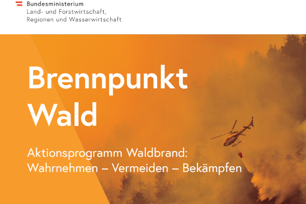 Cover des Aktionsprogramm Waldbrand - Brennpunkt Wald: Wahrnehmen, Vermeiden, Bekämpfen