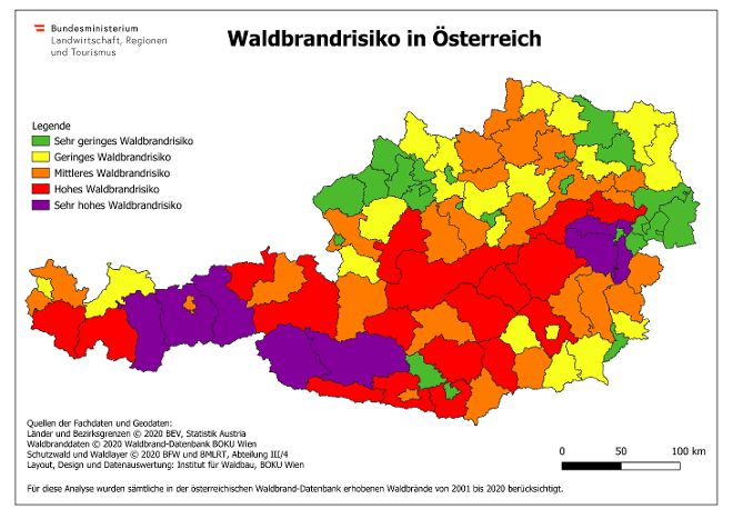 Die Abbildung zeigt das Waldbrandrisiko in Österreich. Besonders im Zentrum des Landes herrscht ein hohes bis sehr hohes Waldbrandrisiko.